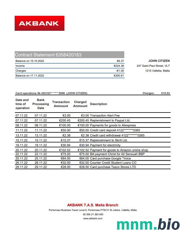 Malta APS wzór wyciągu bankowego w formacie Word i PDF